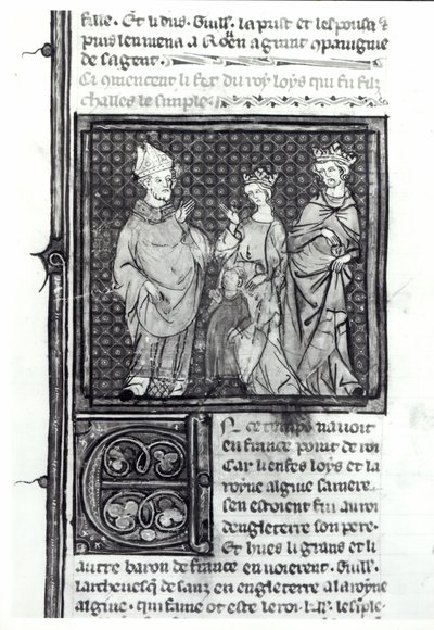 Karl III. der Einfältige mit seiner Frau und seinem Sohn Ludwig IV., 
