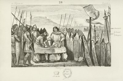 Karl der Dicke zahlt den Wikingern 700 Silberstücke, um ihre Belagerung von Paris aufzugeben, 886 von French School