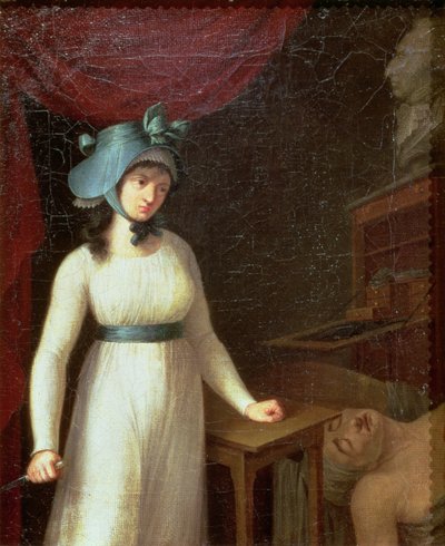 Charlotte Corday (1768-93) und die Ermordung von Jean Paul Marat (1743-93) in seinem Bad von French School