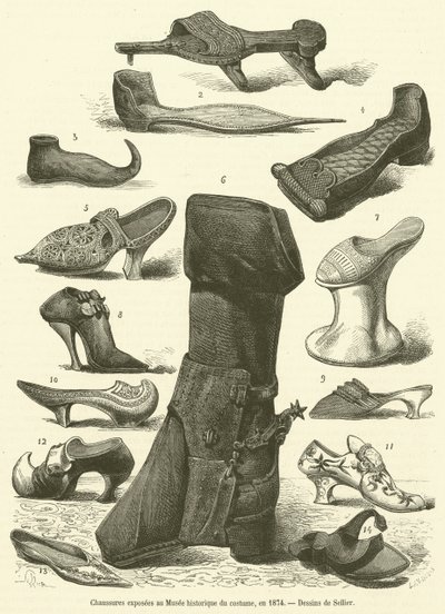 Schuhe ausgestellt im Historischen Kostümmuseum, 1874 von French School