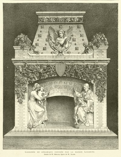 Keramikkamin ausgestellt von der Firma Loebnitz, Zeichnung von M. Sedille, Figur von M. Aller (Gravur) von French School