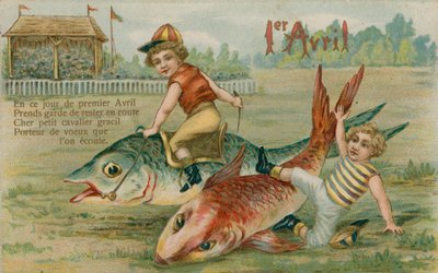 Kinderjockeys rennen Fische, 1. April Karte, 1913 von French School