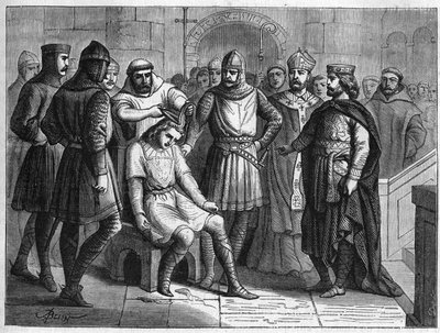 Childerich III., letzter Merowingerkönig, wurde von Pippin dem Kurzen, König der Franken, entthront und 751 im Kloster Sithiu bei Saint-Omer eingesperrt. 19. Jahrhundert Gravur von French School
