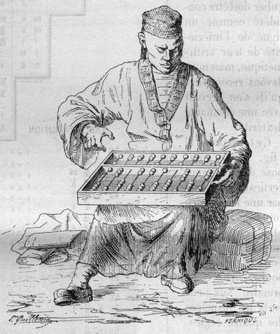 Chinesisches Rechenapparat (Abakus). Gravur in „La Nature. Revue des sciences et de ses applications aux arts et à l