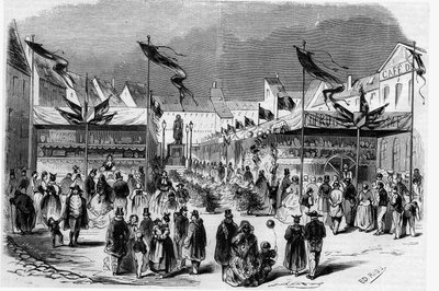 Weihnachtsfest im Elsass: der Weihnachtsmarkt (des kleinen Jesus) in Straßburg im Jahr 1857. Gravur in „Le Monde Illustré“ Nr. 38 vom 2. Januar. von French School
