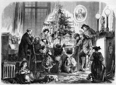 Weihnachtsfeier im Elsass: eine Familie versammelt sich um den Weihnachtsbaum. Gravur in „Le Monde Illustré“ Nr. 38 vom 2. Januar von French School