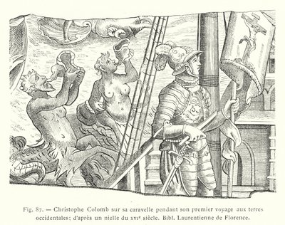 Christoph Kolumbus auf seiner Karavelle während seiner ersten Reise zu den westlichen Ländern; nach einem Nielle aus dem XVI. Jahrhundert, Bibl Laurentienne von Florenz (Stich) von French School