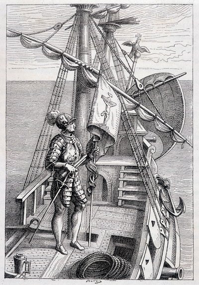 Christoph Kolumbus auf seinem Wagen, Illustration Entdeckung der Erde von Jules Verne, ed. Hetzel, 19. Jahrhundert von French School