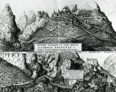 Stadt Saorge, Frankreich, unter savoyischer Herrschaft, Gravur von French School