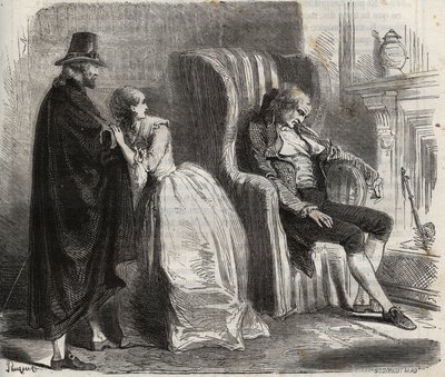 Clotilde Sprengel und Zacharie Bergmann beobachten den deutschen Arzt Petrus Schultz, der im 18. Jahrhundert eingeschlafen ist. Gravur von 1871 in „Histoire Des Cocuses Celebres“ von Henry de Kock von French School