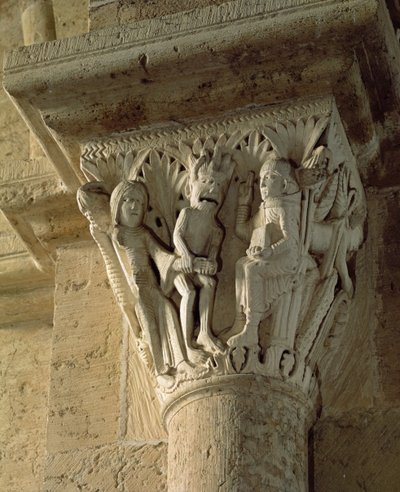 Säulenkapitell, das den heiligen Benedikt bei einem Exorzismus darstellt von French School