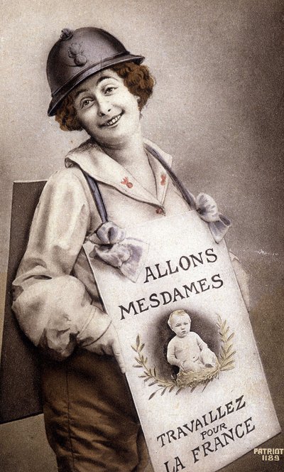 Kommt, Damen, arbeitet für Frankreich (Aufruf zur Geburt), Postkarte, um 1918 von French School