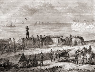 Kommunikation zwischen einem Schiff, das in den Hafen einläuft, und den gelandeten Truppen mit dem Flaggensemaphor-Telegraphiesystem, aus Les Merveilles de la Science, veröffentlicht um 1870 von French School