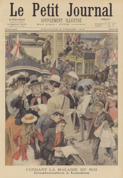 Besorgnis in London über die Krankheit von König Edward VII (Farblithografie) von French School