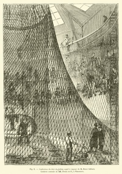 Herstellung des Netzes des dampfbetriebenen Fesselballons von M. Henri Giffard, zentrale Seilerei von MM Fretet und Co. in Vincennes von French School