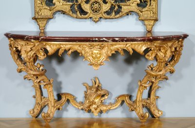 Konsolentisch, entworfen von Jules-Michel Hardouin (1635-1737), hergestellt von Pierre Turpin und Michel II Lange, ca. 1725 (geschnitztes vergoldetes Holz, Marmorplatte (Griotte de Campan)) von French School