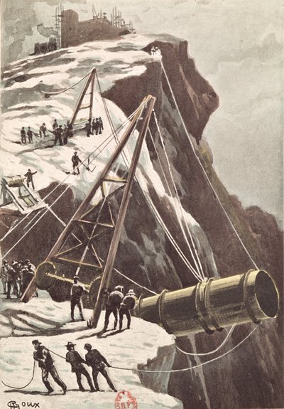 Bau einer Raketenabschusskanone, aus Von der Erde zum Mond von Jules Verne, veröffentlicht 1865 von French School