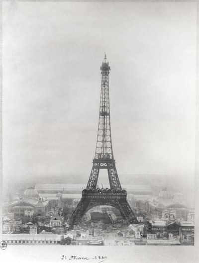 Bau des Eiffelturms, Paris, 31. März 1889 von French School