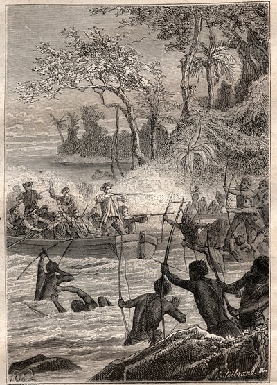 Reise von Philip Carteret auf die Inseln von Santa Cruz, insbesondere zur Insel Nendo (1767) - Illustration aus „Die großen Seefahrer des 18. Jahrhunderts“ von French School