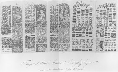 Kopie eines Fragments eines Maya-Manuskripts, das astronomische Tabellen mit den Finsternissen darstellt von French School