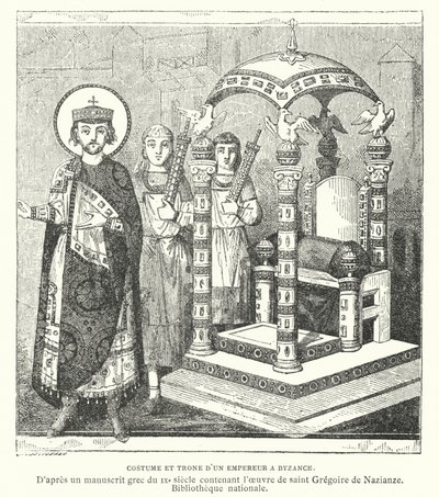 Kostüm und Thron eines byzantinischen Kaisers, 9. Jahrhundert von French School