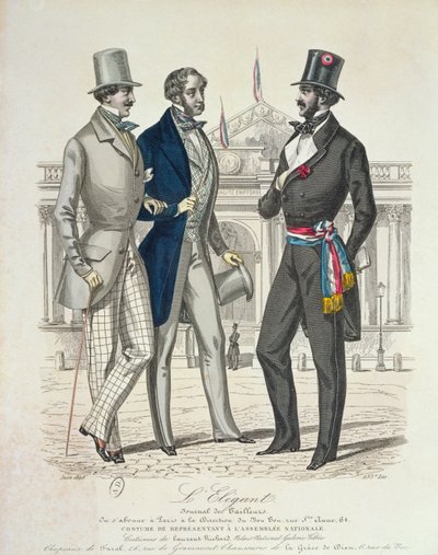 Kostüm des Deputierten, mit der alten Nationalversammlung im Hintergrund, 1848 von French School