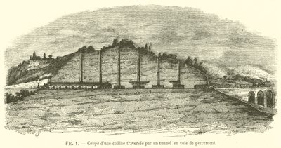 Querschnitt eines Hügels mit einem im Bau befindlichen Tunnel (Gravur) von French School