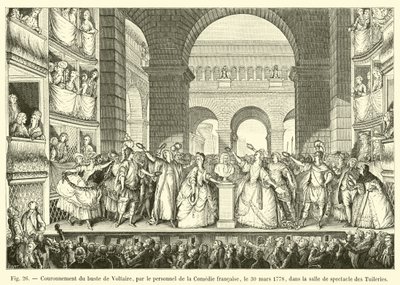 Krönung der Büste von Voltaire durch das Personal der Comédie-Française, am 30. März 1778, im Theatersaal der Tuilerien von French School