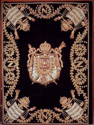 Einband einer der zwölf Originalausgaben des „Code civil des français“ verkündet von Napoleon Bonaparte am 21.03.1804. Es ist in Samt mit Gold- und Silberstickerei mit dem Emblem der Gerechtigkeit und den Waffen des Kaisers gebunden. Französisches Zivilges von French School