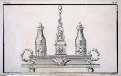Menage-Set auf Ständer, aus einem Musterbuch für neoklassizistische Metallarbeiten zusammengestellt von Duhamel, ca. 1770er-80er Jahre von French School