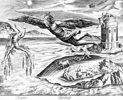 Daedalus, der mit seinem Sohn Ikarus aus Kreta flieht, sieht ihn zu seinem Tod stürzen, 1619 von French School