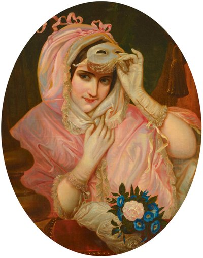 Dame mit Maske in rosafarbenem Gewand von French School