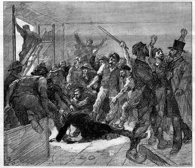 Streik der Bergleute von Decazeville (Aveyron) im Jahr 1886: Ingenieur Watrin wurde von den Streikenden ermordet. Gravur in "Le Monde Illustré", 6. Februar 1886 von French School