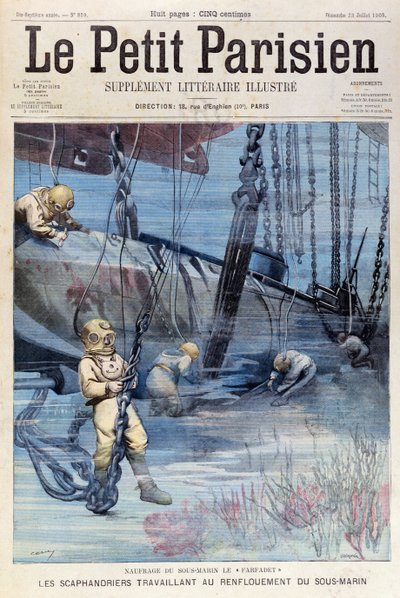 Tiefseetaucher versuchen, die Farfadet zu bergen, aus Le Petit Parisien, 23. Juli 1905 von French School