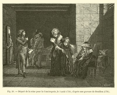 Abreise der Königin zur Conciergerie, 2. August 1793 (nach einer Gravur von Bouillon, 1795) von French School