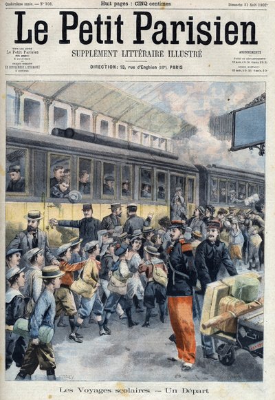 Abfahrt am Bahnhof zu einem Schulausflug. Die Kinder steigen in den Zug, in Le Petit Parisien von French School