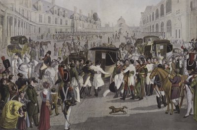 Abreise Napoleons aus Fontainebleau, 20. April 1814 von French School