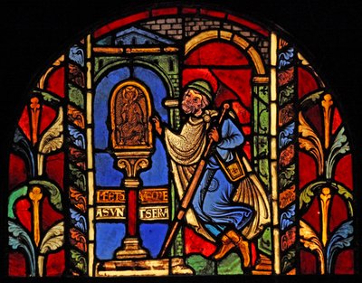 Eine Szene aus dem Leben des St. Nikolaus: Ein Schuldner hat sein Geld verloren und geht zur Statue des St. Nikolaus, der solche Angelegenheiten überwacht von French School