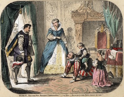Beschreibung der Freizeit und Spiele von Kindern: König von Frankreich Heinrich IV. (1553-1610) spielt mit seinen Kindern (wahrscheinlich Ludwig XIII. und Elisabeth von Frankreich) vor dem spanischen Botschafter. Königin Maria von Medici ist anwesend. (les von French School