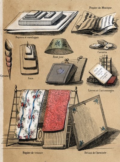 Beschreibung der verschiedenen Produkte und Verwendungen von Papier: Verschiedene Objekte aus Papier (Umschläge, Notenblätter, Taschen, Lampenschirme, Notizbücher und Bücher, Tapeten). Tafel „Das Papier und seine Produkte“ in „Les Recreations instructives“ von French School