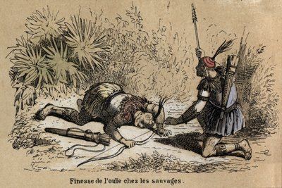 Beschreibung der fünf Sinne: Detail des Hörens, das Hören scheint bei indigenen Bevölkerungen entwickelter und feiner zu sein. Tafel „Die fünf Sinne“ in „les Recreations instructives“ Synoptisches Gemälde von Jules Delbruck, Gravur von 1860. Private Sammlu von French School