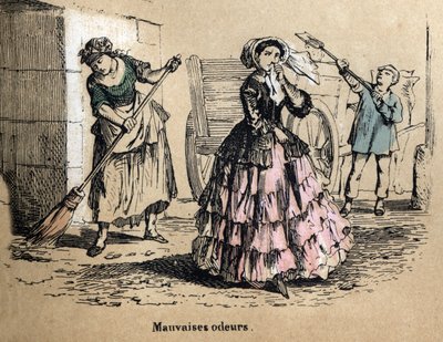 Beschreibung der fünf Sinne: Geruchssinn, eine Bürgerin hält sich die Nase zu, um den schlechten Geruch von Mist und Dung nicht zu riechen. (Les cinq sens) von French School