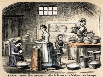 Beschreibung der verschiedenen Berufe und Schafprodukte: junge Milchbauern stellen Butter und Käse in einer Molkerei her. Tafel „Die Schafe“ in „Les Recreations instructives“. Synoptisches Gemälde von Jules Delbruck, Gravur von 1860. von French School