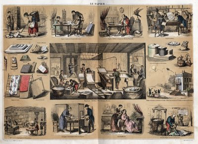 Beschreibung der verschiedenen Produkte und Verwendungen von Papier: in der Mitte Aktivitäten in einer Schreibwarenhandlung, Papierherstellung aus Lumpen, Zellstoff, Formen und Presse. Verschiedene Verwendungen, Zeichenpapier, Wissenschaftler Buffon schrei von French School