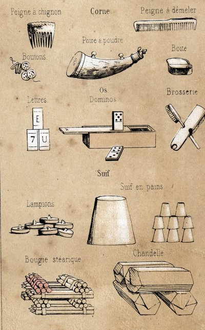 Beschreibung der verschiedenen Produkte und Verwendungen der Kuh: alle Arten von Gegenständen aus der Kuh, Kämme, Spiele und Schachteln aus Horn und Knochen, Kerzen und Nachfolgen. Tafel „La coache et ses produits“ in „les Recreations instructives“ Synopti von French School