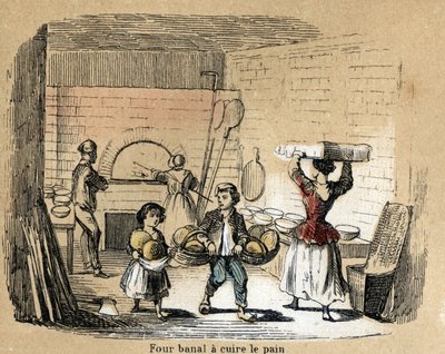 Beschreibung der verschiedenen Herstellungsstufen und Verwendungen von Ton: Backen von Ton in einem Brotbackofen. Tafel „Der Ton und seine Produkte“ in „Les Recreations instructives“, Synoptisches Gemälde von Jules Delbruck, Gravur von 1860. Private Sammlu von French School