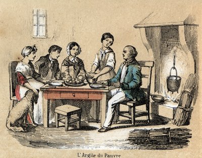 Beschreibung der verschiedenen Herstellungsstufen und Verwendungen von Ton: die Verwendung von Ton in armen Haushalten, eine Familie versammelt am Tisch, die von minderwertigen Tonplatten isst. Tafel „Der Ton und seine Produkte“ in „les Recreations instruc von French School