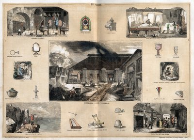 Beschreibung der verschiedenen Herstellungsstufen und Verwendungen von Glas: Innenansicht einer Glasfabrik, Herstellung von Flaschen in einer Glasbläserwerkstatt, Vergoldung, Polieren und Prägen von Eis und verschiedenen Objekten (Mikroskop, Spiegel, Brill von French School