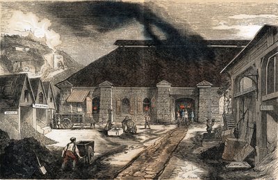 Beschreibung der verschiedenen Herstellungsstufen und Verwendungen von Glas: Ansicht des Inneren einer Glasfabrik. Tafel „Das Glas und seine Produkte“ in „Die lehrreichen Erholungen“ Synoptisches Gemälde von Jules Delbruck, Gravur von 1860. Private Sammlun von French School
