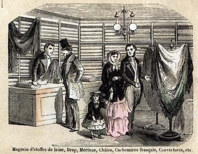 Beschreibung der verschiedenen Verwendungen und Produkte aus Schaf: Ansicht eines Ladens mit Wollstoffen und Stoffen, Laken, Kaschmir. Tafel „Die Schafe“ in „Les Recreations instructives“, Synoptisches Gemälde von Jules Delbruck, Gravur von 1860. Private S von French School